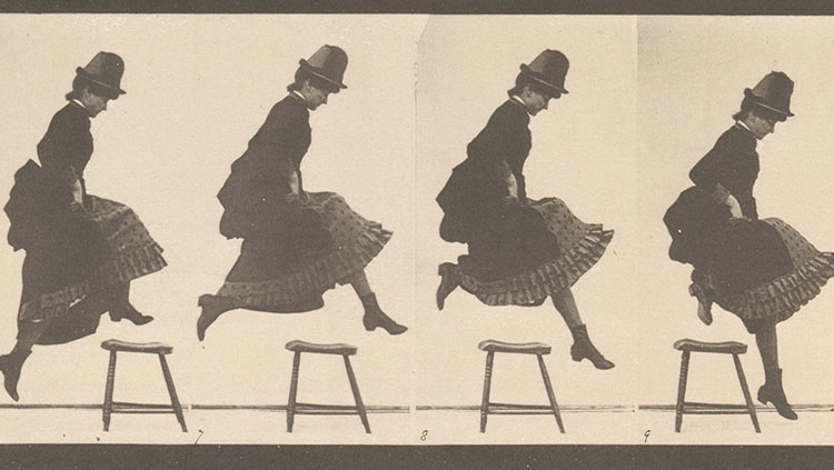 A series of black and white images showing a woman jumping over a stool
