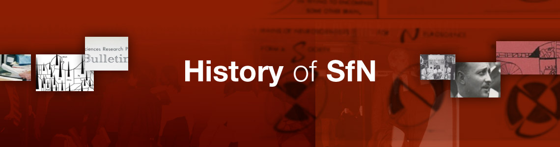 Red background with "History of SfN" with various images from the issue