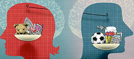 two heads with the scales of justice. On the left, the red head contains an iron and a teddy bear. On the right, the blue head contains a soccer ball and a calculator.