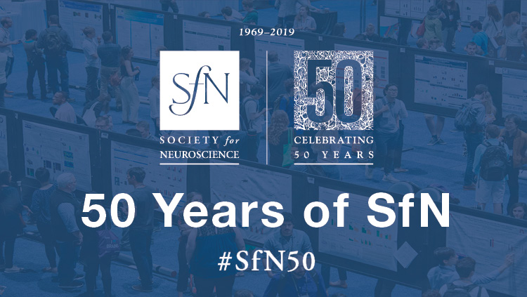 SfN 50th Anniversary logo on top of an image of the Annual Meeting poster floor