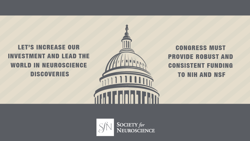 SfN advocacy infographic "Let's increase our investment and lead the world in neuroscience discoveries. Congress must provide robust and consistent funding to NIH and NSF"