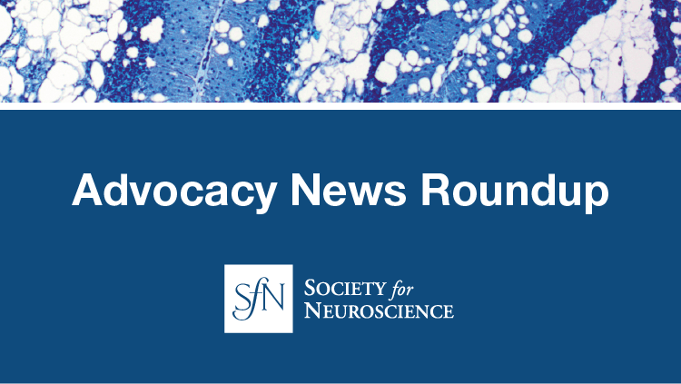 Advocacy News Roundup advertisement with decorative science imagery