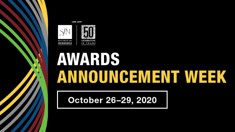 Awards Announcement Week infographic, SfN logo, October 26-29, 2020