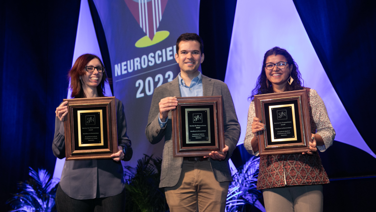 Emilia Favuzzi, PhD (left), of Yale University, Tristan Geiller, PhD (center), of Columbia University, and Abhilasha Joshi, PhD (right) of the University of California, San Francisco were awarded the Peter and Patricia Gruber International Research Award in 2023.