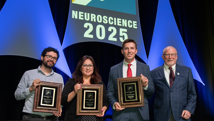 Gabriel Herrera, PhD (Left), Chapter Perú, Lisa Maeng, PhD (Center), NeuroBoston, and William Mills IV, PhD (Right), DC Metro Area, accepted the Chapter of the Year Awards on behalf of their chapters in 2025.
