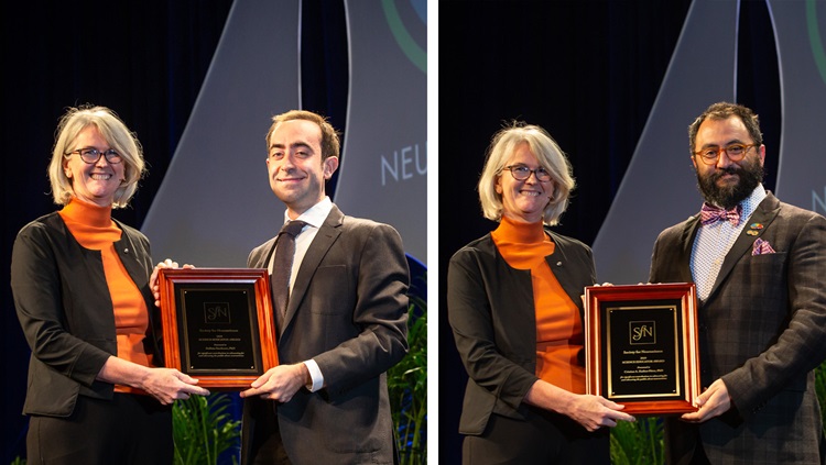 Stefano Sandrone, PhD (left), of Imperial College London, and Cristian A.  Zaelzer-Pérez, PhD (right), of McGill University Health Centre, receive the Science Educator Award.
