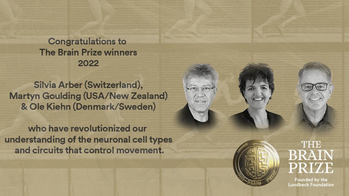 Congratulations to the brain prize winners 2022. Silvia Arber (Switzerland), Martyn Goulding (USA/New Zealand), and Ole Kiehn (Denmark/Sweden). Who have revolutionized our understanding of the neuronal cell types and circuits that control movement. The Brain Prize, founded by the Lundbeck Foundation.