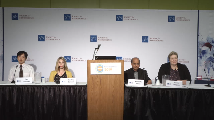 (Left to right): Gen Ohtsuki, Dorothy Schafer, Kalipada Pahan, and Donna Wilcock answer questions at the 'Self-Sabotage: The Role of the Immune System in Neurological Disorders' Neuroscience 2019 press conference.