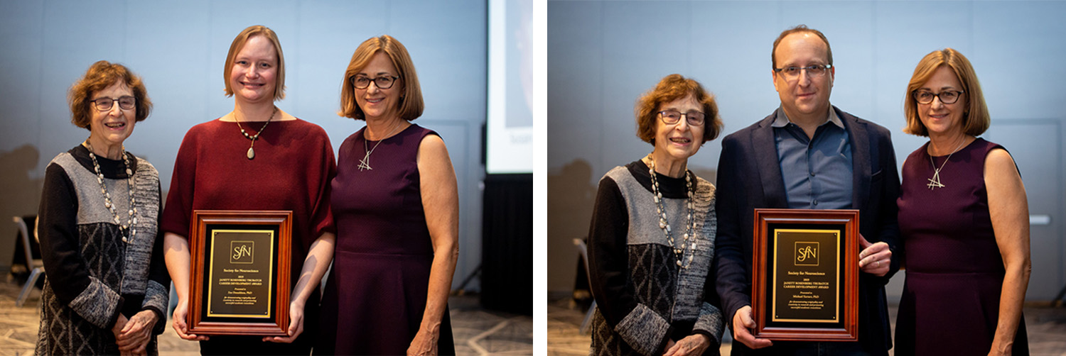 Zoe Donaldson, PhD (left), of the University of Colorado Boulder, and Michael Yartsev, PhD (right), of the University of California, Berkeley receive the Janett Rosenberg Trubatch Career Development Award.