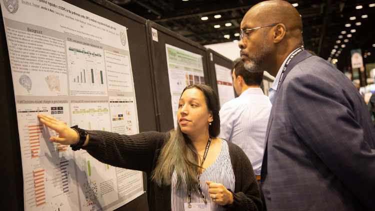 Image of a girl pointing to a poster and talking while a man listens intently