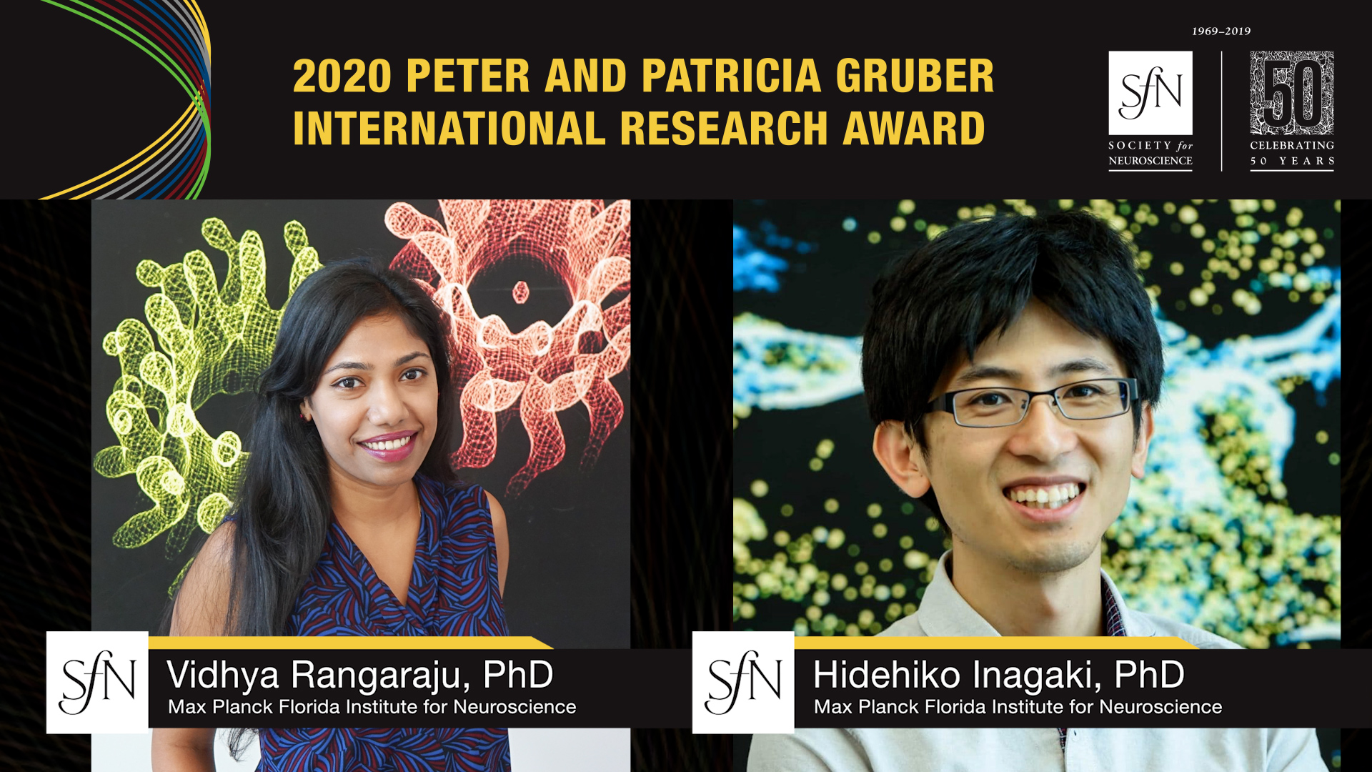 2020 Peter and Patricia Gruber International Research Award winners graphic, images of Vidhya Rangaraju, PhD Max Planck Florida Institute for Neuroscience, Hidehiko Inagaki, PhD Max Planck Florida Institute for Neuroscience