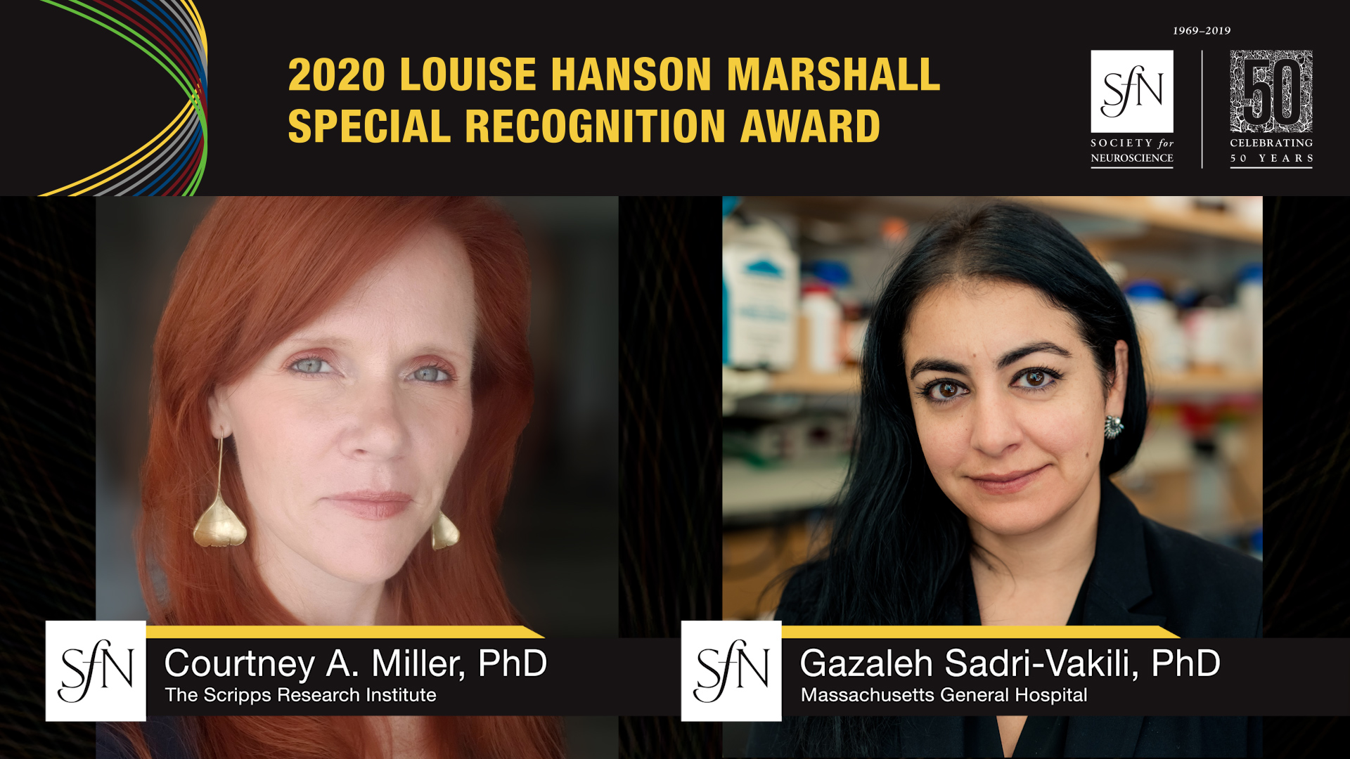 2020 Louise Hanson Marshall Special Recognition Award winners graphic, images of Courtney A. Miller, PhD The Scripps Research Institute and Gazaleh Sadri-Vakili, PhD Massachusetts General Hospital