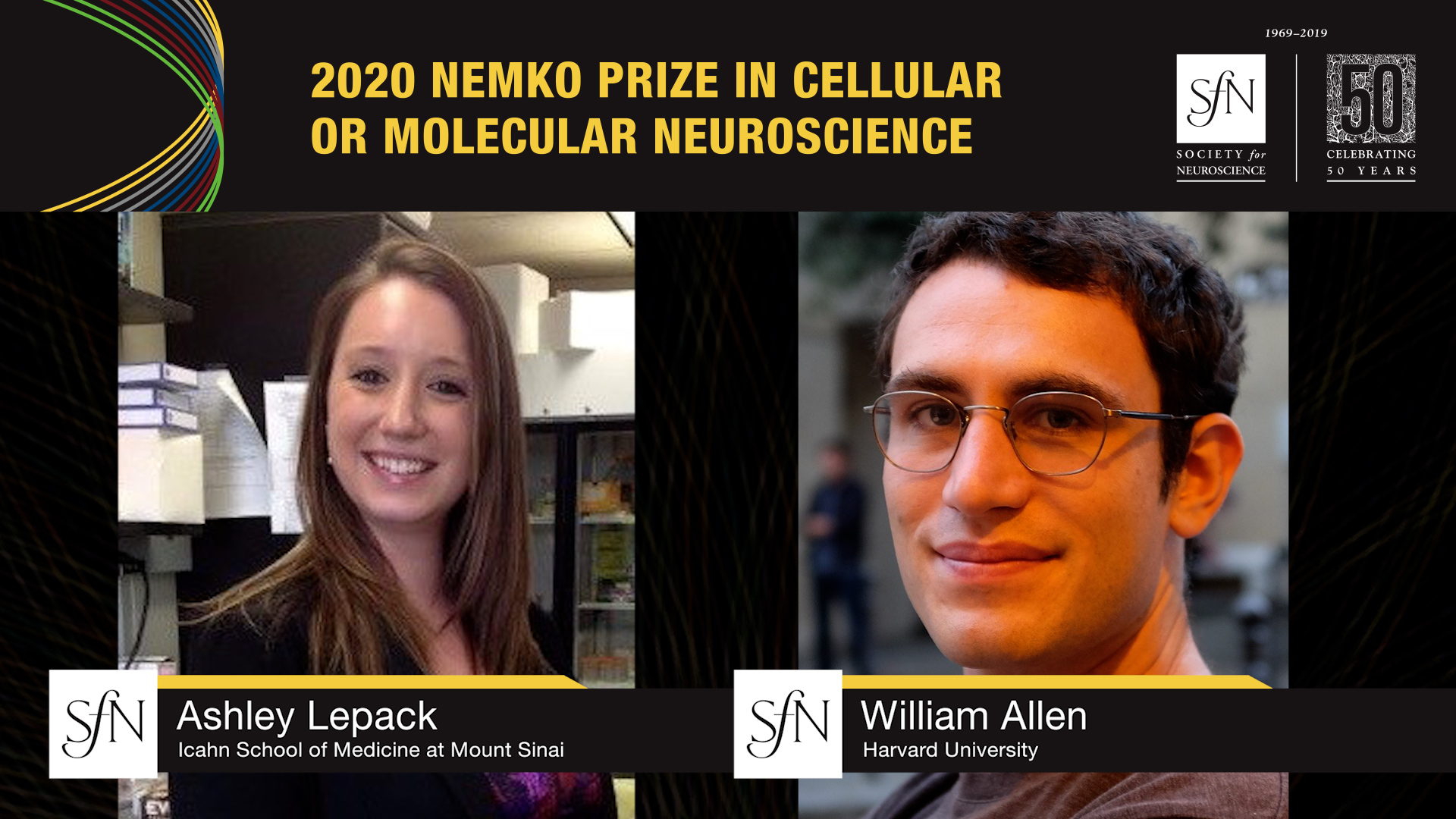 2020 Nemko Prize in Cellular or Molecular Neuroscience Award winners graphic, images of Ashley Lepack Icahn School of Medicine at Mount Sinai and William Allen Harvard University