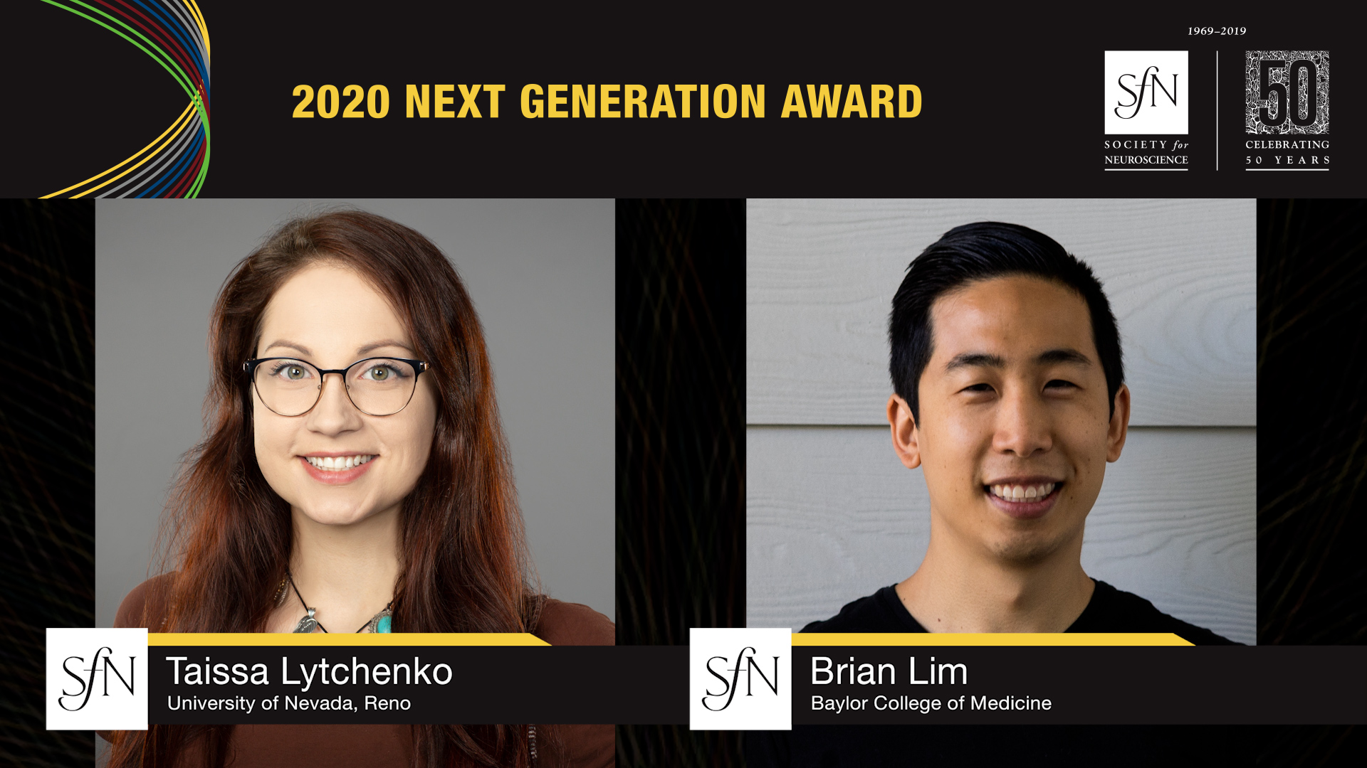 2020 Next Generation Award Winners graphic, images of Tassia Lytchenko University of Nevada, Reno and Brian Lim Baylor College of Medicine
